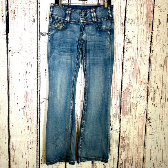 Industrial Cotton Denim - Vintage Industrial Cotton Embroidered Distressed Flare Bootcut Denim Jeans SZ 5